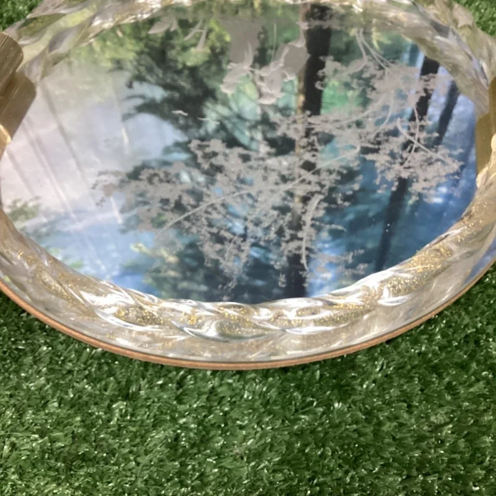 Vintage Murano Glass Serving Tray Etched Mirror 24kt Gold Flecks